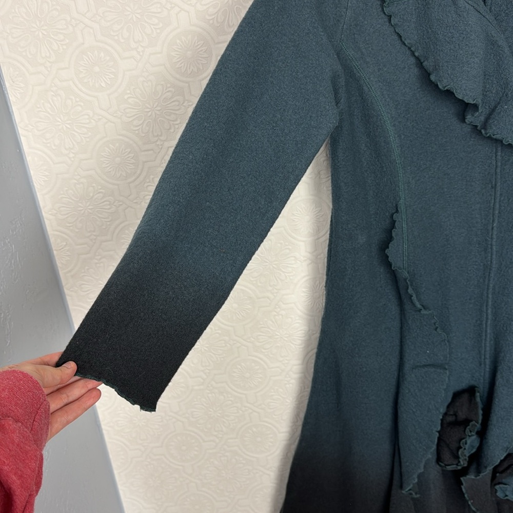 CoVelo Wool Coat Teal Longline Flutter Flower Ombré Artsy Art To‎ Wear Lagenlook - Picture 5 of 8